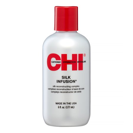 Clear plastic bottle with a red cap, labeled "CHI Silk Infusion" in bold red text, containing 6 oz of a silk reconstructing complex treatment.
