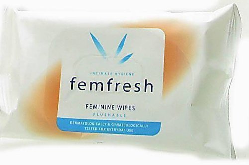 White packaging with a light orange design, featuring "femfresh" prominently, indicating flushable feminine wipes, dermatologically tested for everyday use.