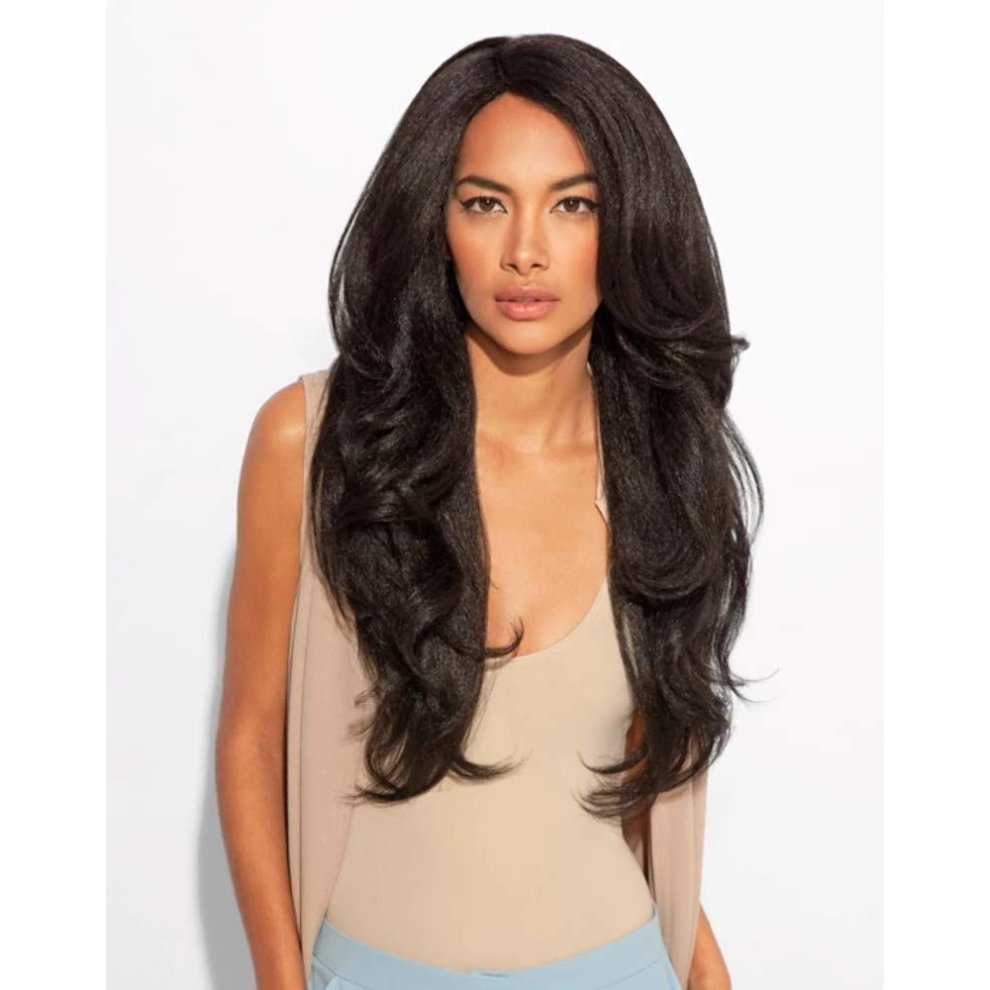 Long wavy synthetic hair in natural black, featuring a relaxed blowout style, with soft, voluminous curls cascading down, displayed on a model against a plain background.
