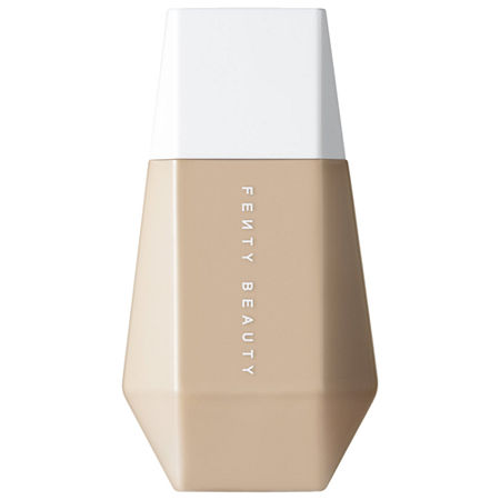 Fenty Beauty Eaze Drop Blurring Skin Tint in a sleek, geometric beige bottle with a white cap, featuring the brand name in bold lettering on the front.