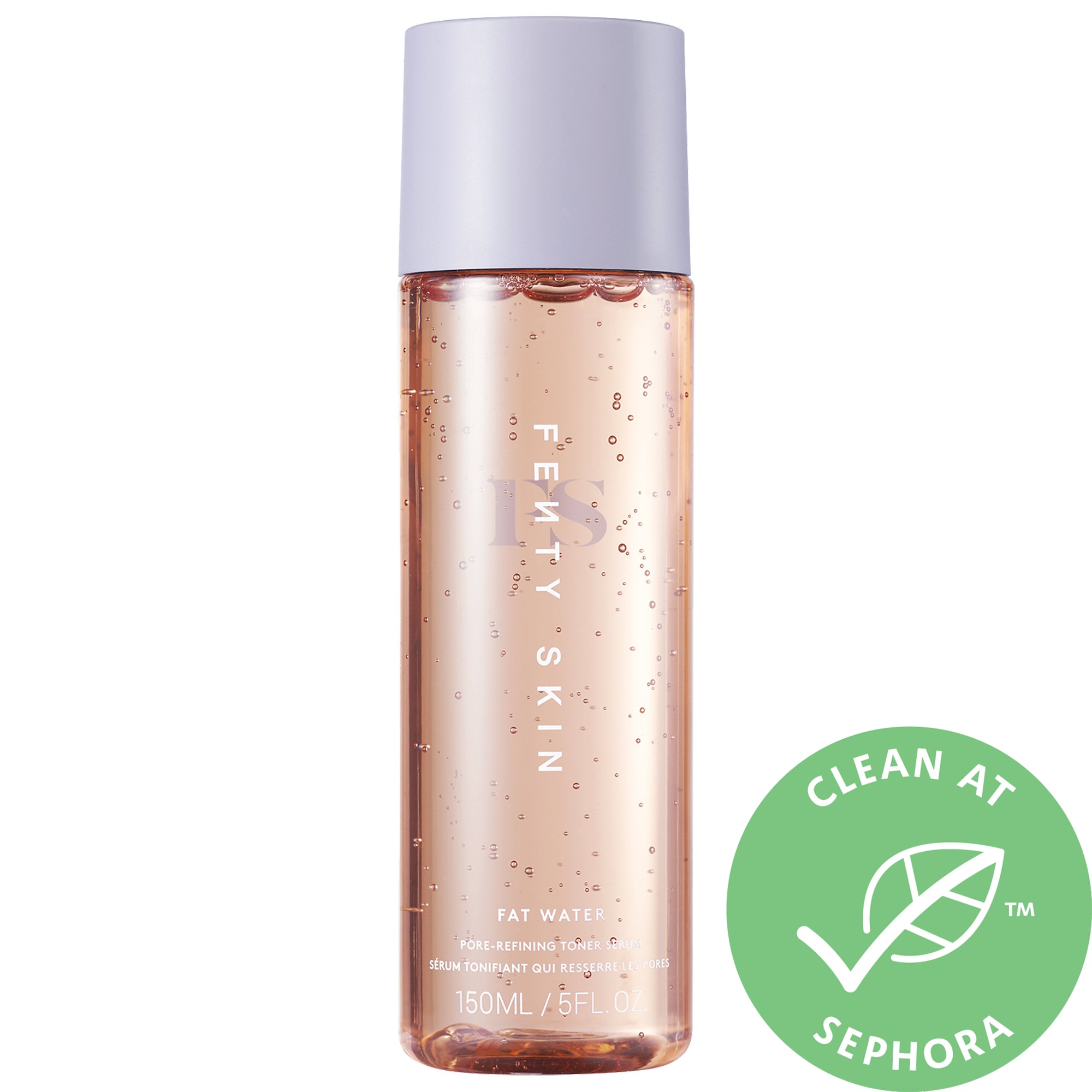 Clear bottle with a light pink liquid, featuring a lavender cap and "FENTY SKIN" branding; labeled as a pore-refining toner serum with niacinamide and Barbados cherry.