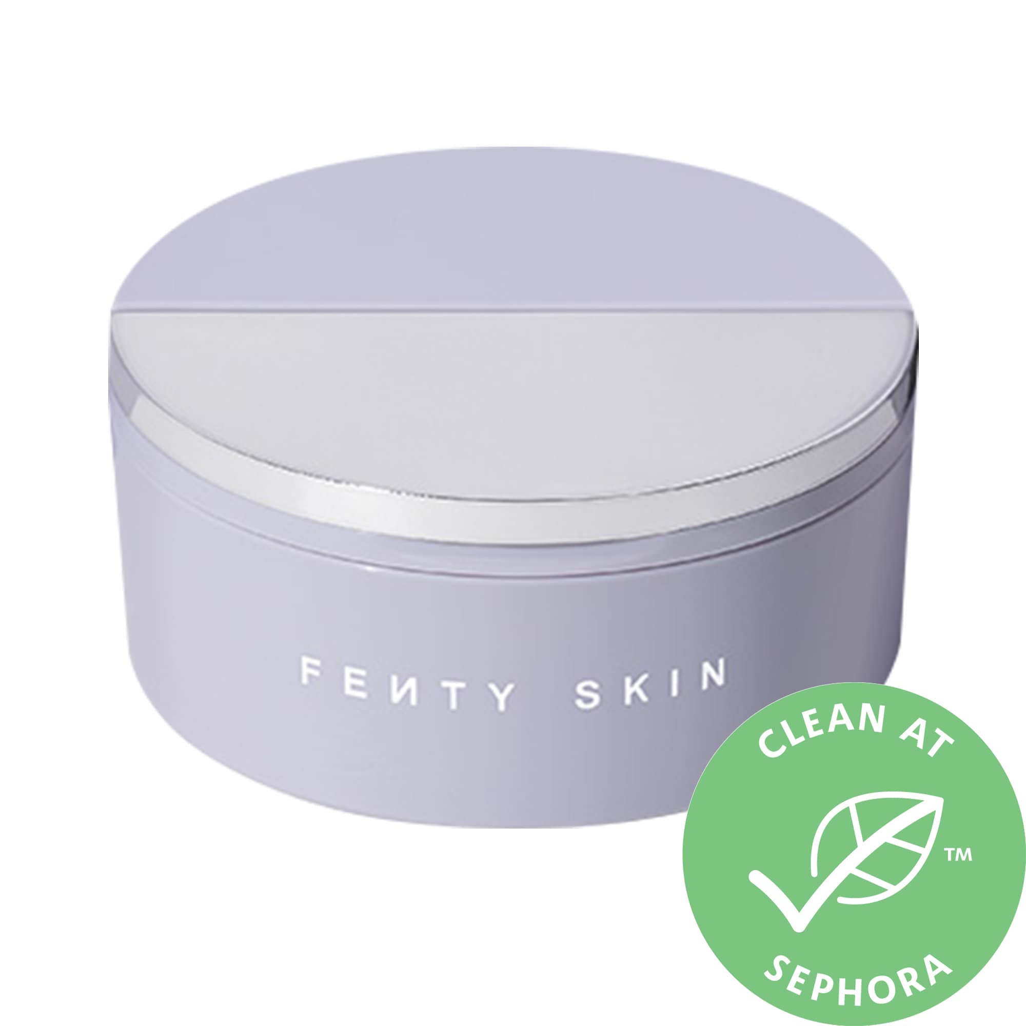 Lavender jar with a sleek silver lid, labeled "FENTY SKIN," containing 1.7 oz of overnight recovery gel-cream, featuring a green "Clean at Sephora" sticker.