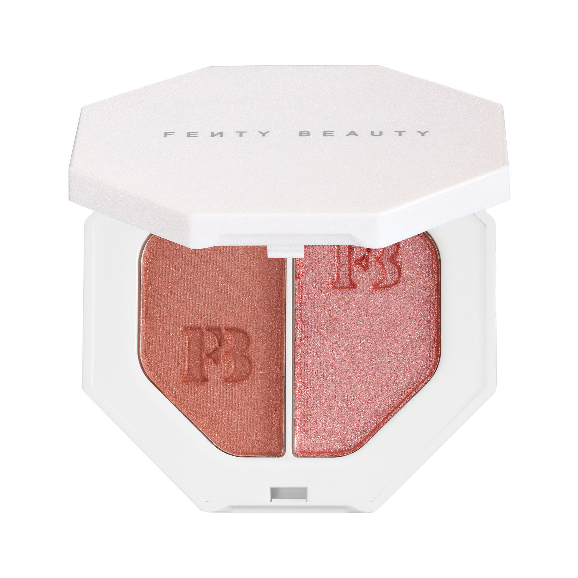 Compact highlighter featuring two shades: a warm, peachy bronze and a shimmering rose gold, housed in a sleek white octagonal case with embossed "F3" logo.
