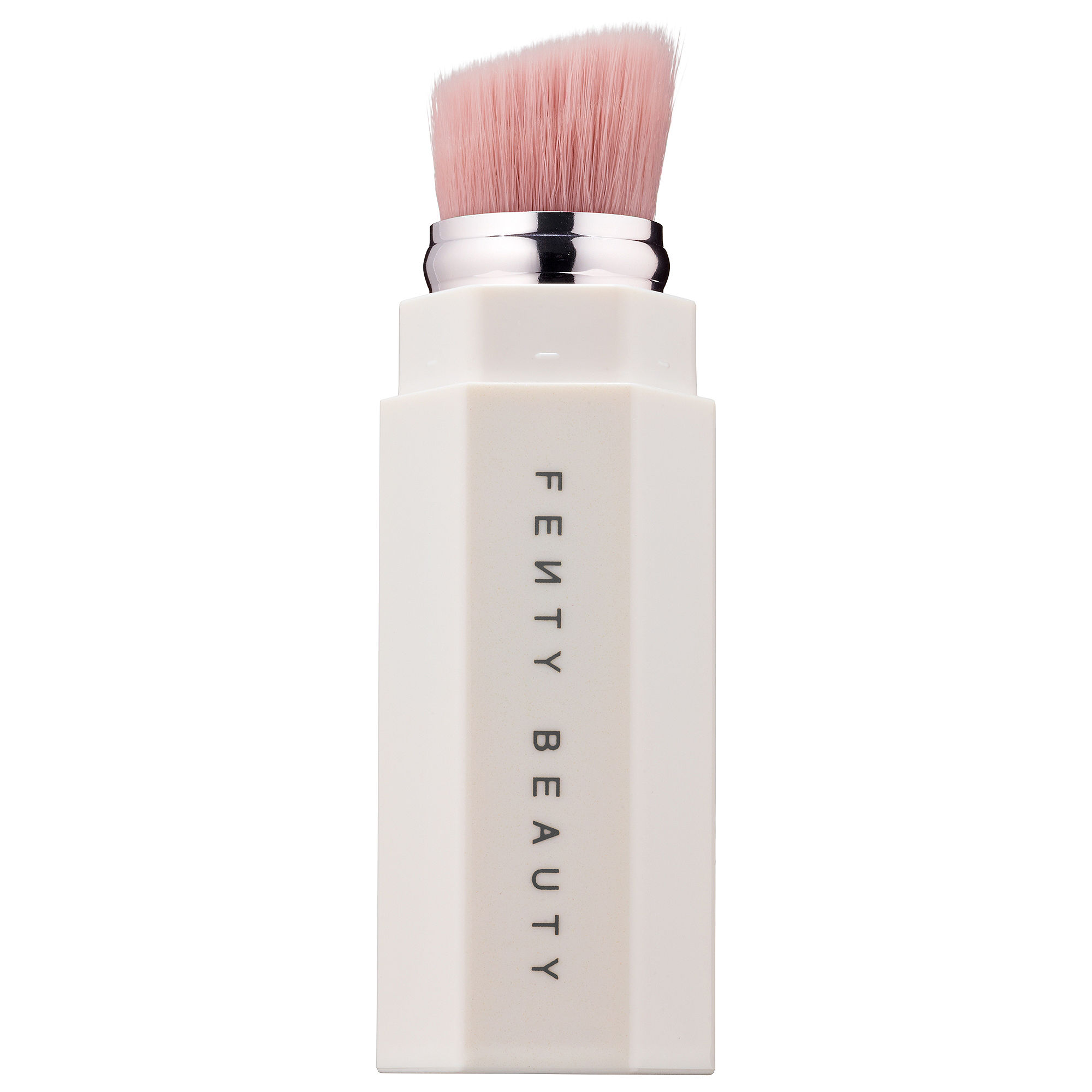 Fenty Beauty Portable Highlighter Brush 140 features a sleek white handle with the brand name, topped with soft pink bristles for precise highlighting application.