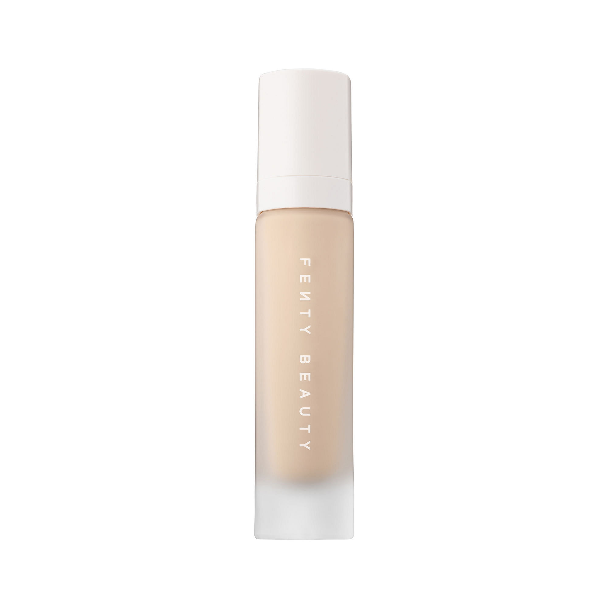 Fenty Beauty Pro Filt'r Soft Matte Longwear Liquid Foundation in shade 150, housed in a sleek, transparent bottle with a white cap, featuring minimalist branding.