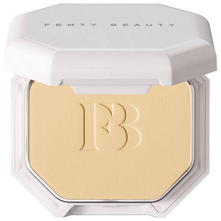 Fenty Beauty Pro Filt'r Soft Matte Powder Foundation in shade 145, featuring a light beige powder with an embossed "FB" logo in a sleek white octagonal compact.