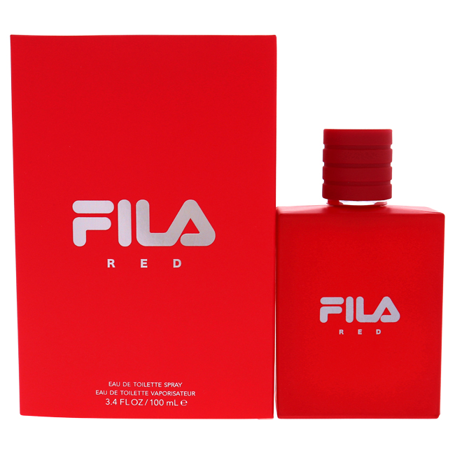 Red rectangular box with silver "FILA" logo and "RED" text, alongside a matching red bottle featuring a textured cap, containing 3.4 oz of men's EDT spray.