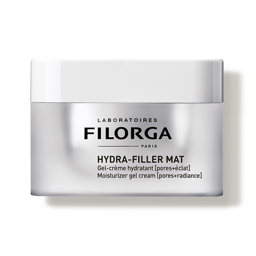 White jar with a silver lid, labeled "FILORGA HYDRA-FILLER MAT," featuring text in black, indicating it's a moisturizer gel cream for pores and radiance.