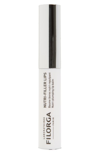 White tube with a silver cap, labeled "Filorga Nutri-Filler Lips" in black text, designed for lip hydration and volume enhancement, featuring a sleek, modern appearance.
