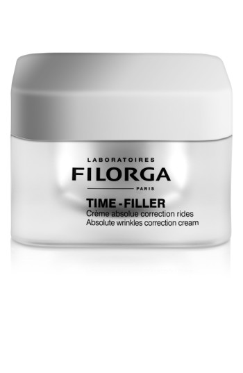 White jar with a smooth, glossy finish, labeled "FILORGA TIME-FILLER" in black text, featuring a sleek design and a white lid, containing 50 ml of anti-wrinkle cream.