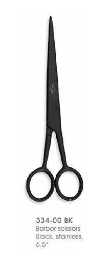 Black stainless steel barber scissors measuring 6.5 inches, featuring smooth blades and round finger holes, designed for precision hair cutting.
