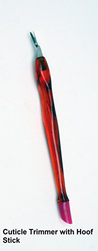 Cuticle trimmer with a shiny red and black handle, featuring a metal blade for trimming and a pink hoof stick for pushing cuticles, ideal for manicure and pedicure.