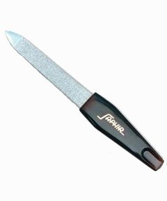 Nickel plated sapphire nail file measuring 6 inches, featuring a textured filing surface and a sleek black handle with a logo.