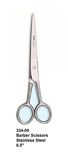 Silver 6.5" barber scissors with a sleek stainless steel finish, featuring a classic design and rounded finger holes for comfortable handling, labeled as model 334-00.