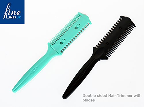 Two hair razor combs, one turquoise and one black, featuring double-sided blades for trimming, with a textured grip for easy handling.