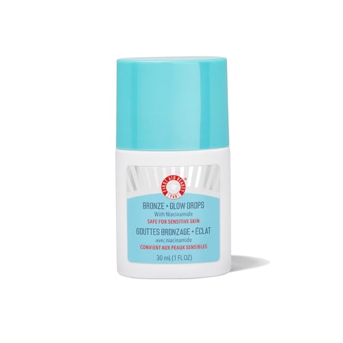 Bronze + Glow Drops in a white and turquoise bottle, featuring a pump dispenser, labeled with "First Aid Beauty" and highlighting niacinamide for sensitive skin.