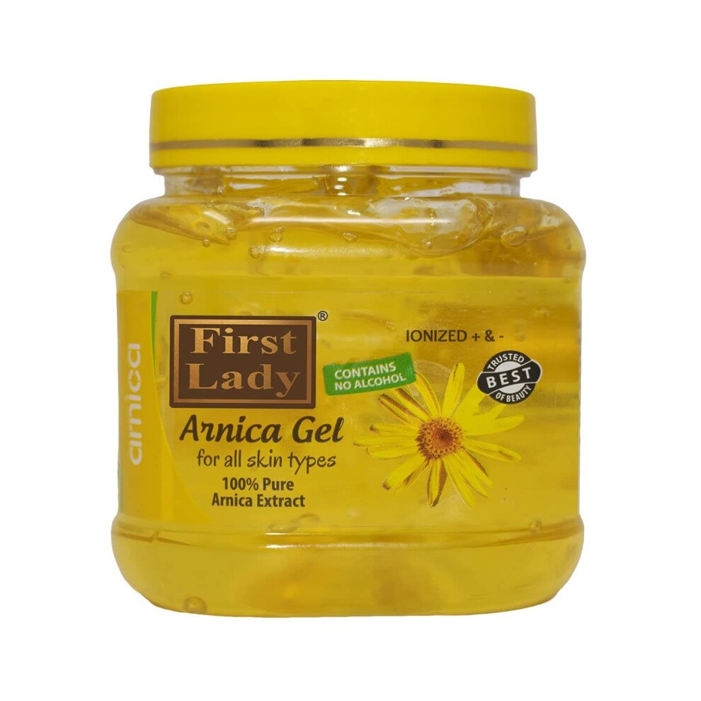 Clear yellow gel in a transparent plastic jar with a yellow lid, labeled "First Lady Arnica Gel," featuring a flower graphic and text indicating it's alcohol-free and suitable for all skin types.