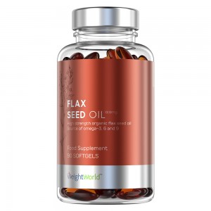 Clear bottle containing brown softgel capsules labeled "Flaxseed Oil" with a copper-colored label, indicating vegan omega 3, 6, and 9, from WeightWorld.