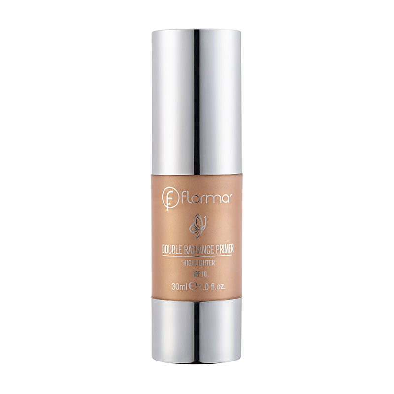 Flormar Double Radiance Illuminating Foundation Primer in Sparkling Wine, 30ml, features a sleek silver pump bottle with a warm, shimmery beige liquid inside.