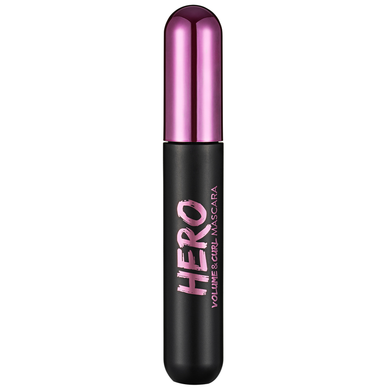 Black cylindrical mascara tube with a glossy pink cap, featuring the word "HERO" in bold pink letters, designed for volumizing and curling lashes.
