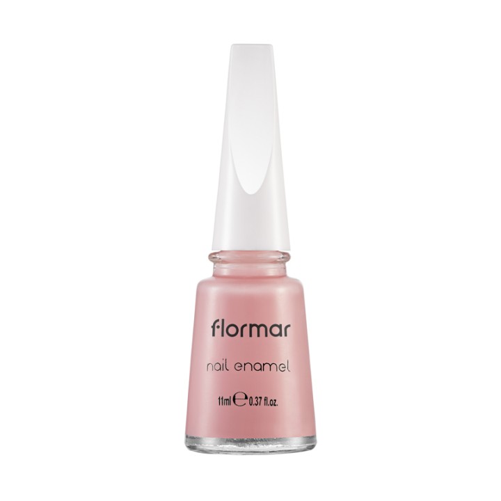 Flormar nail enamel in a soft pink shade, 11ml bottle with a sleek design, featuring a white cap and the brand name prominently displayed on the front.