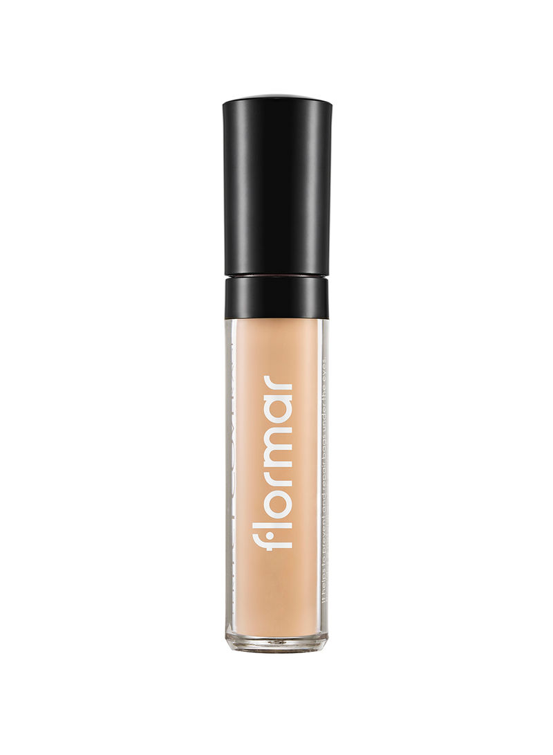 Flormar Complexion Make-up Concealer in 30 Light Beige, featuring a clear glass bottle with a black cap, designed for perfect coverage in a liquid formula.