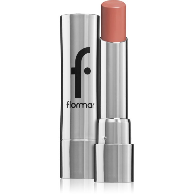 Flormar Sheer Up Lipstick in shade 001 - Harmony, featuring a glossy finish, housed in a sleek silver tube with the Flormar logo prominently displayed.