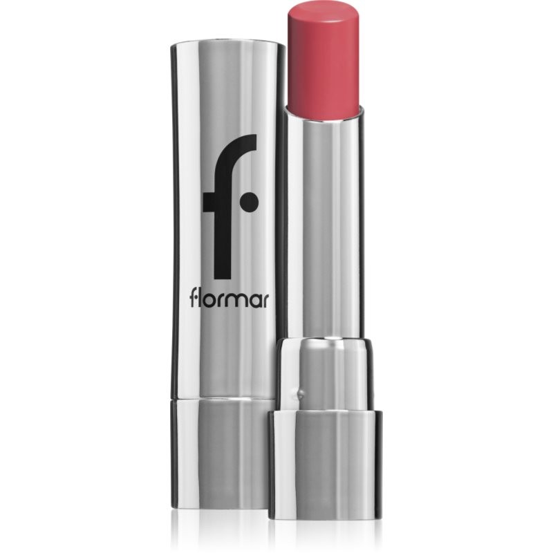 Flormar Sheer Up Lipstick in Thulian Pink, featuring a glossy finish, housed in a sleek silver tube with the brand logo prominently displayed.
