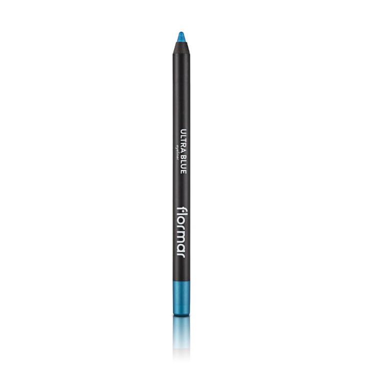 Blue eye pencil by Flormar, featuring a sleek black body with a vibrant blue tip and silver text indicating the product name and shade.