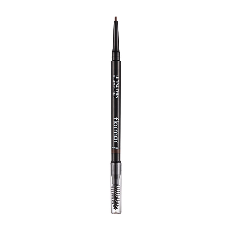 Flormar Ultra Thin Brow Pencil in dark brown with a fine tip for precise application and a built-in spoolie brush for blending, featuring a sleek black casing.