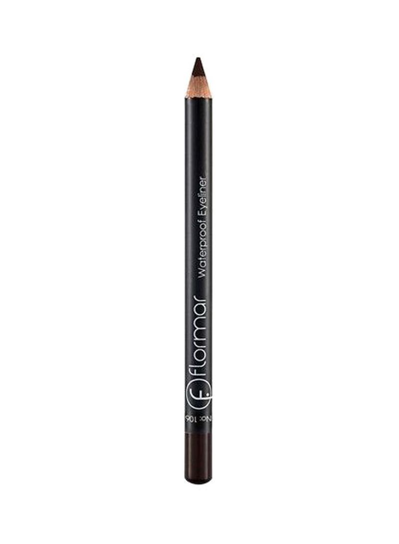 Waterproof eyeliner pencil in dark chestnut color, featuring a sleek black casing with the Flormar logo and product details printed in white.