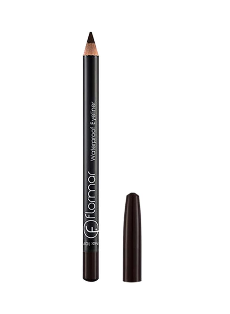 Black waterproof eyeliner pencil with a sharpened tip, featuring a sleek design and a removable cap, labeled "Flormar" in white lettering.