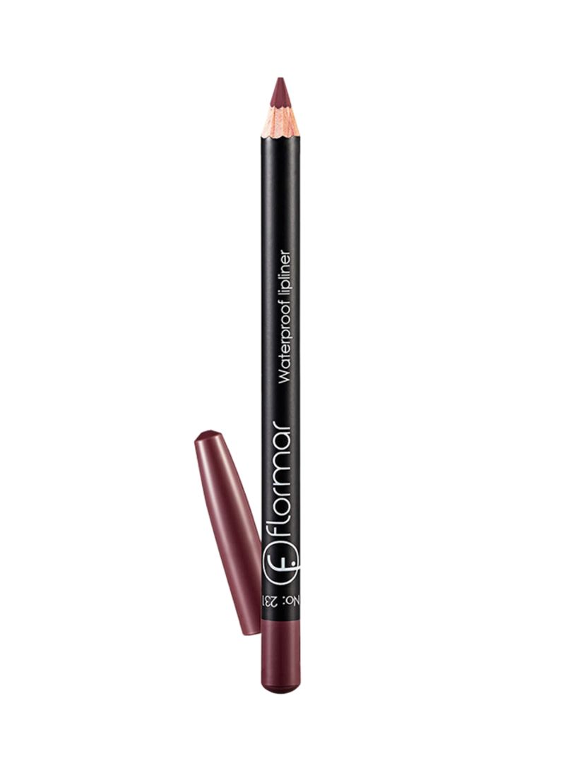 Burgundy waterproof lip liner pencil with a black body and silver branding, featuring a sharpened tip and a removable cap.