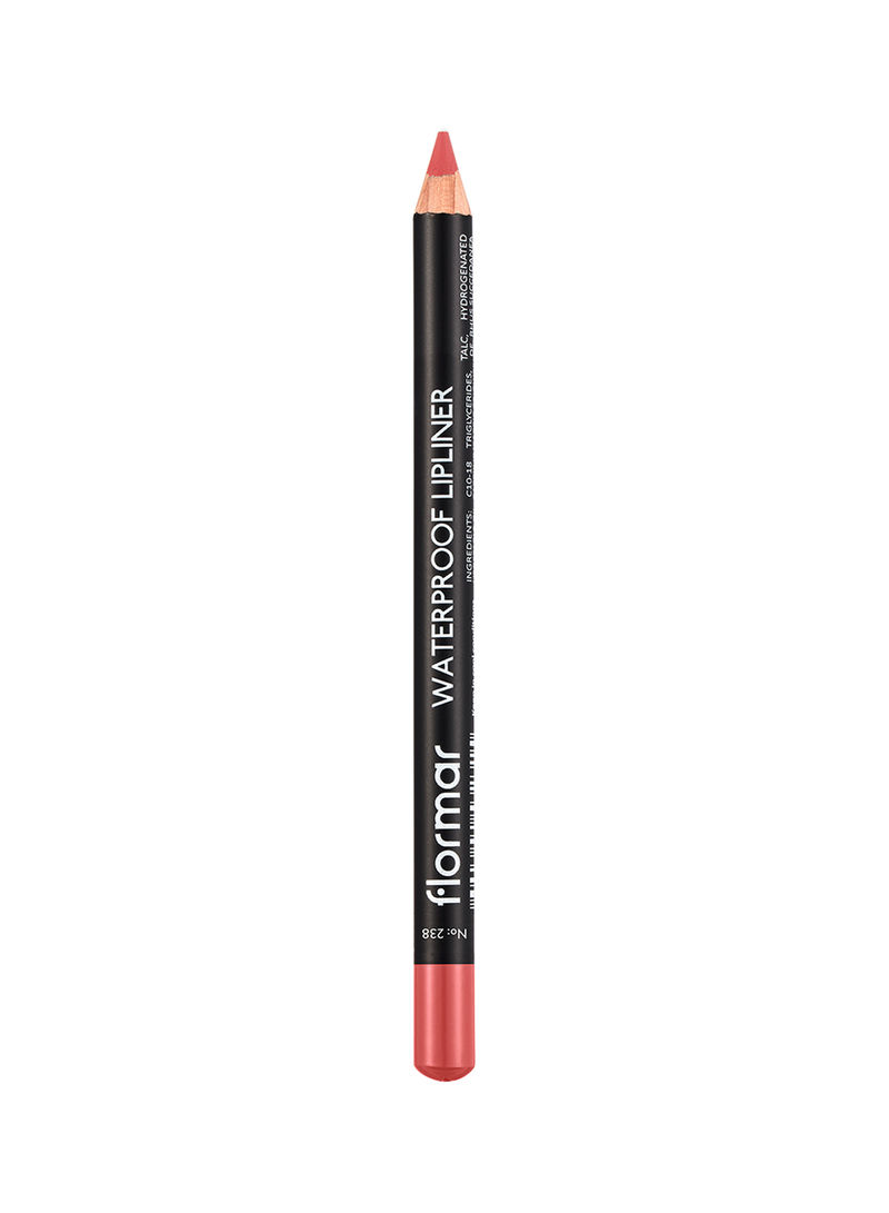 Flormar waterproof lipliner in shade 238 Pure Rose, featuring a wooden pencil design with a pinkish hue and black branding on the side.