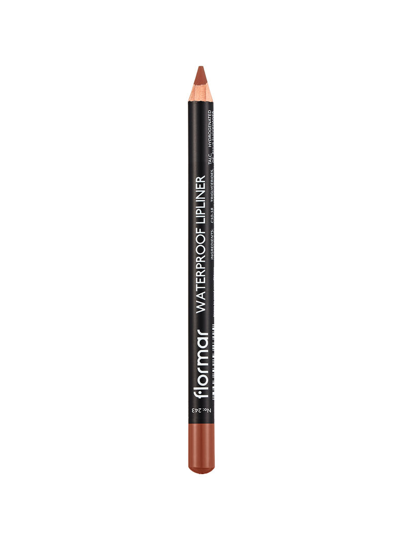A long, wooden pencil eyeliner in a warm, chocolate brown shade labeled "243 Hot Cocoa" by Flormar, featuring a black body with white text.