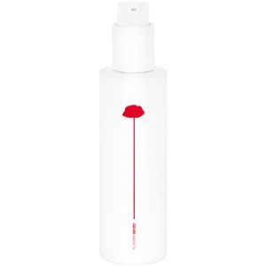 White cylindrical bottle with a minimalist design featuring a red poppy illustration and a pump nozzle, labeled "KENZO Flower by Kenzo 200ml."