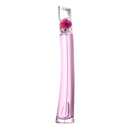 Transparent bottle with a curved, pink body and a floral design at the top, featuring a cherry poppy flower, containing 100 ml of Kenzo Flower Cherry Poppy EDP.