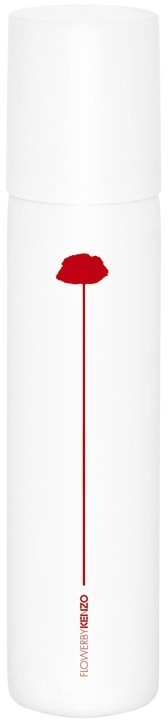 White cylindrical bottle of Kenzo Flower Hair & Body Mist, featuring a minimalist design with a red poppy silhouette and a sleek white cap.