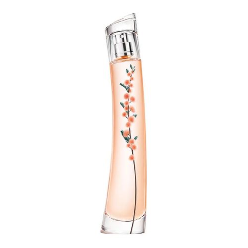 Clear glass bottle with a curved design, containing a soft pink fragrance, adorned with delicate floral illustrations in shades of peach and green.