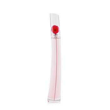 Clear glass bottle with a curved shape, featuring a vibrant red poppy flower on top, containing 3.3 oz of pink floral fragrance by Kenzo.