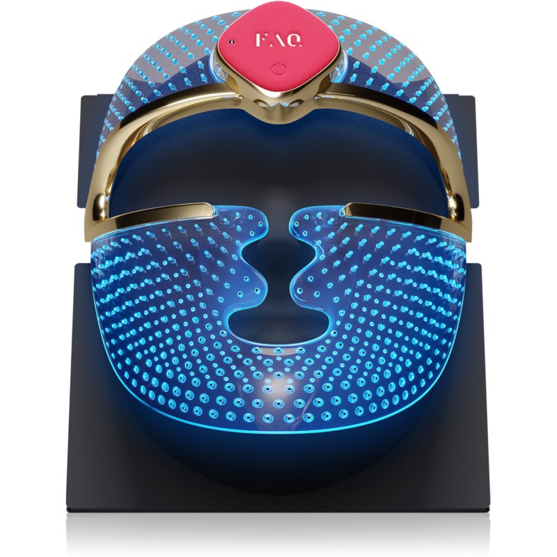 Clear silicone LED face mask with a gold frame, featuring a red control button and a dotted pattern of blue lights, designed for facial treatments.