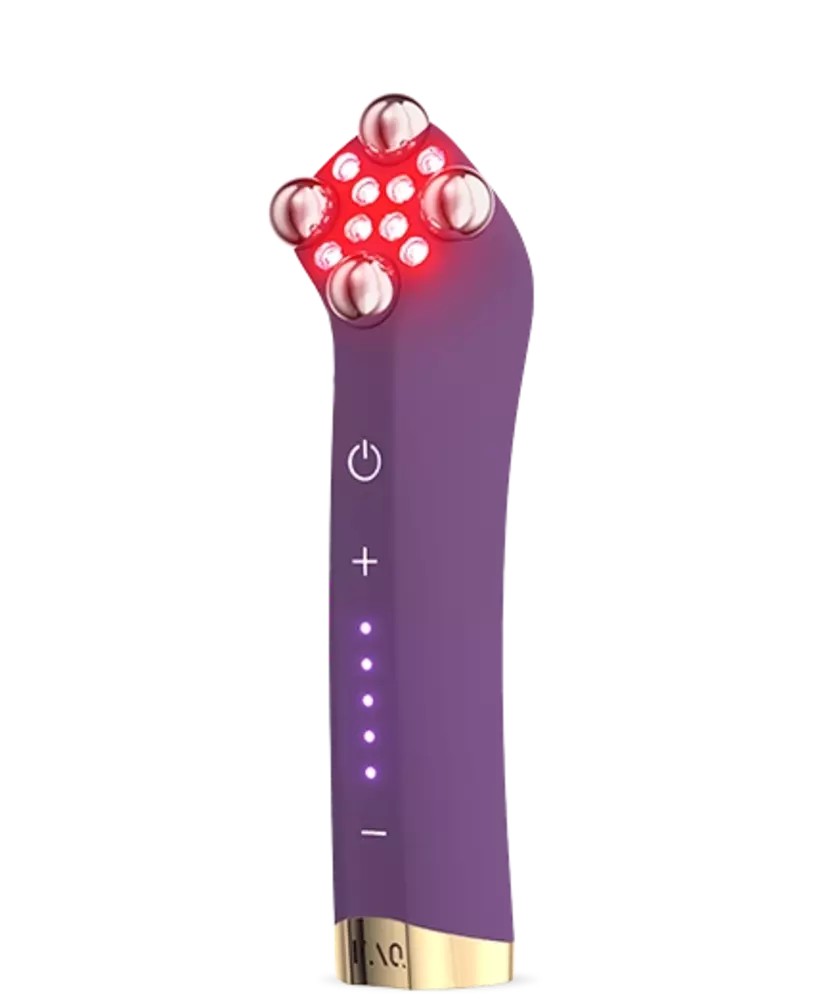 Purple dual microcurrent LED toning device with a curved handle, featuring a gold base, five red LED lights, and a power button with indicator lights for user settings.