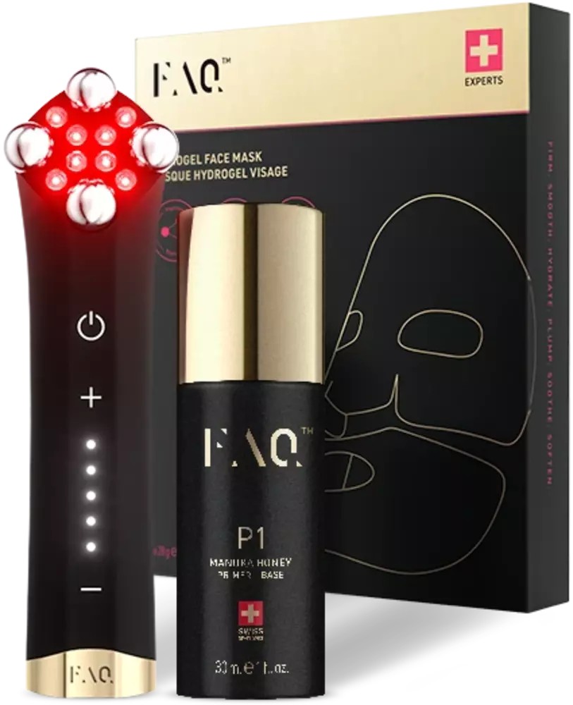 Black and gold dual microcurrent device with red LED lights, accompanied by a black tube of face mask, all set against a sleek product box featuring a face mask illustration.