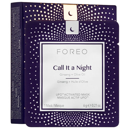 Purple packaging featuring white dots and a crescent moon design, labeled "Call It a Night," containing a 6g mask with ginseng and olive oil for use with Foreo UFO device.