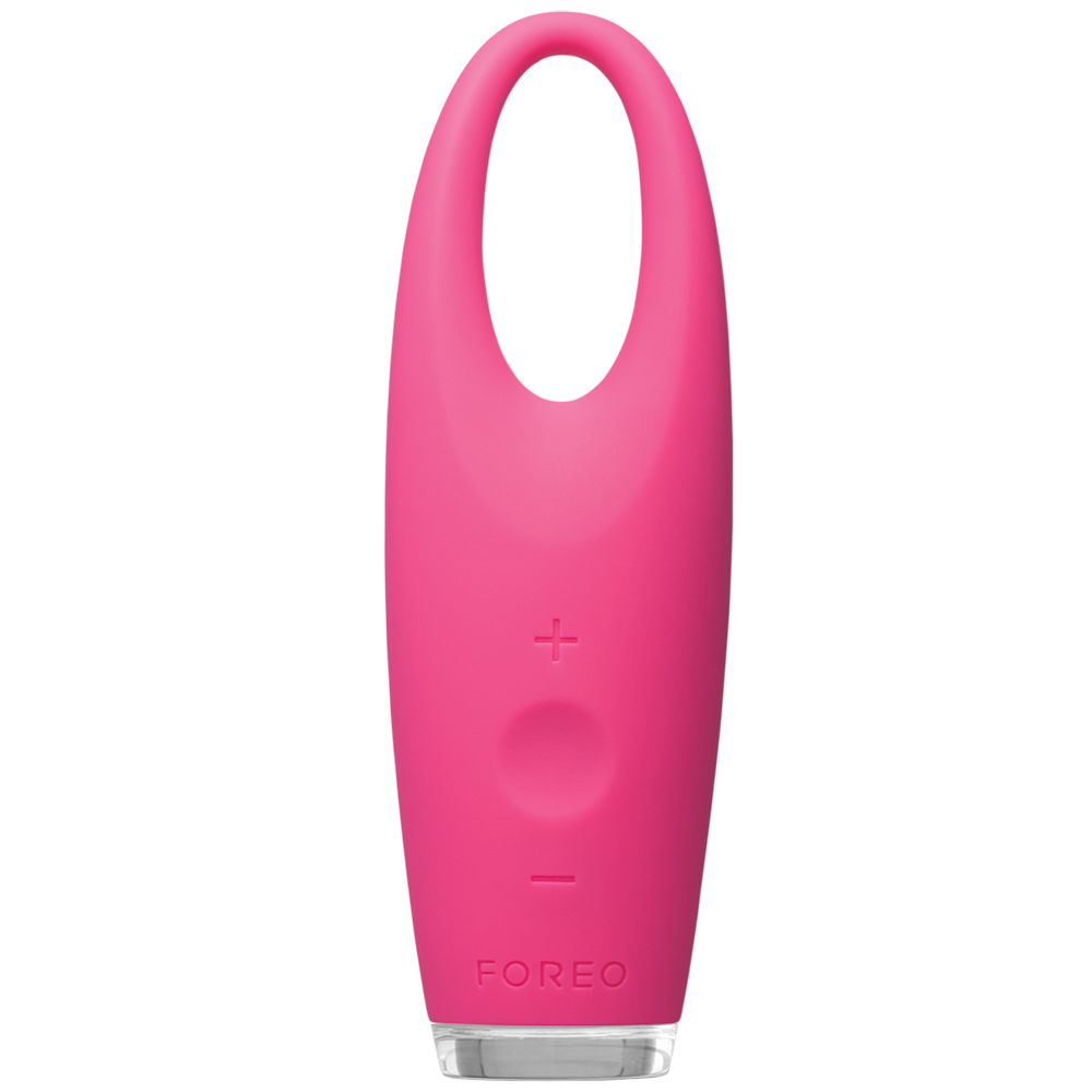 Bright magenta pink silicone eye massager with a smooth surface, featuring a circular button and plus/minus controls, designed for gentle skin care.
