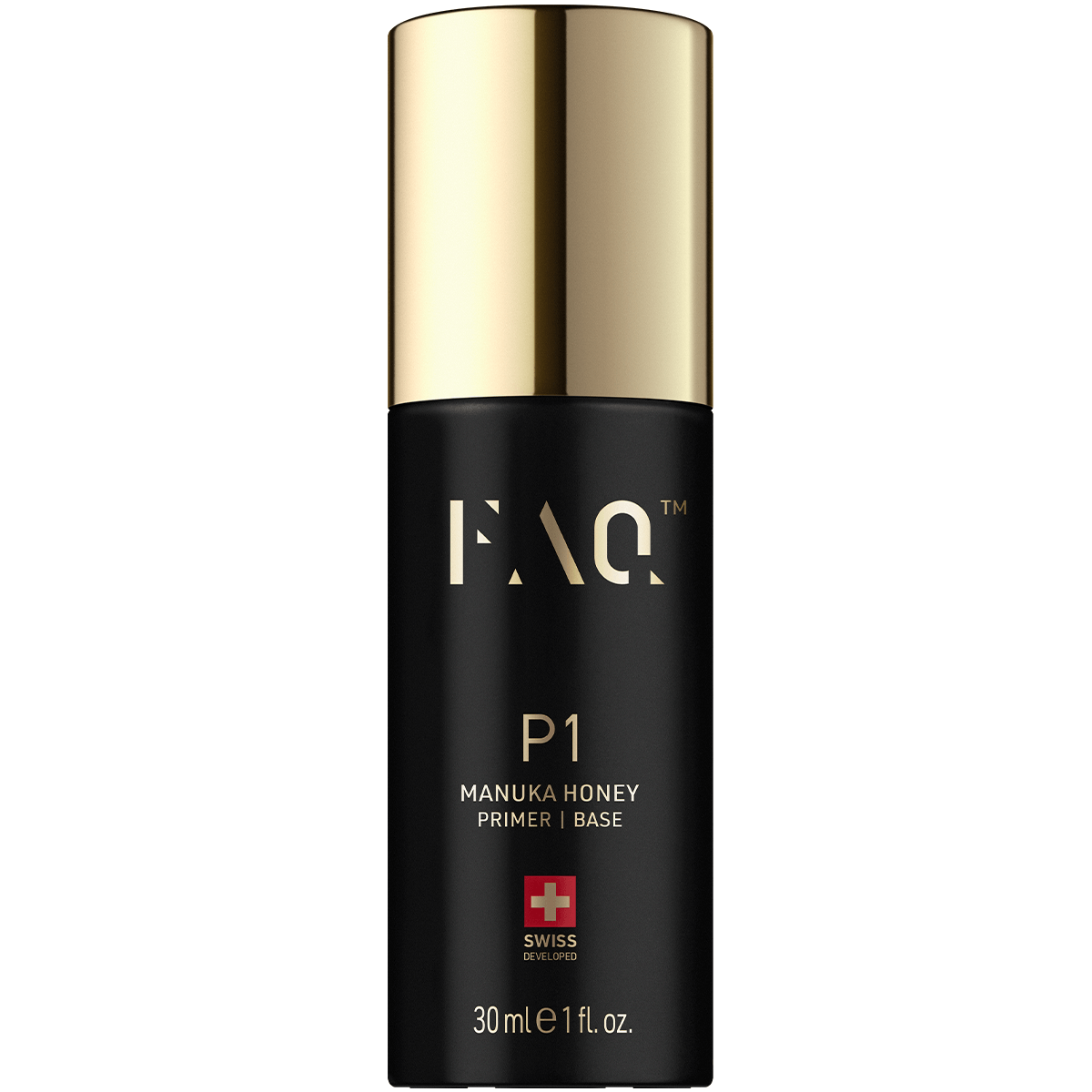 Black bottle with a gold cap, labeled "FAQ P1 Manuka Honey Primer," 30ml, featuring a Swiss cross symbol, designed for all skin types and enriched with antioxidants.