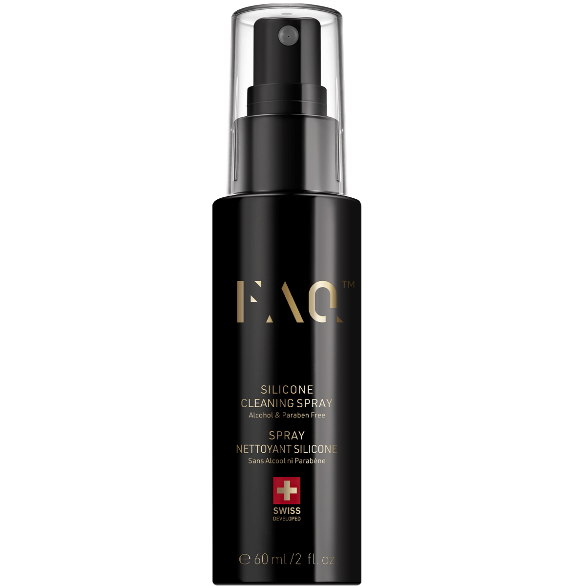Black spray bottle with a clear pump top, labeled "FAQ" in gold, containing 60 ml of silicone cleaning spray, alcohol and paraben-free, featuring a Swiss flag emblem.