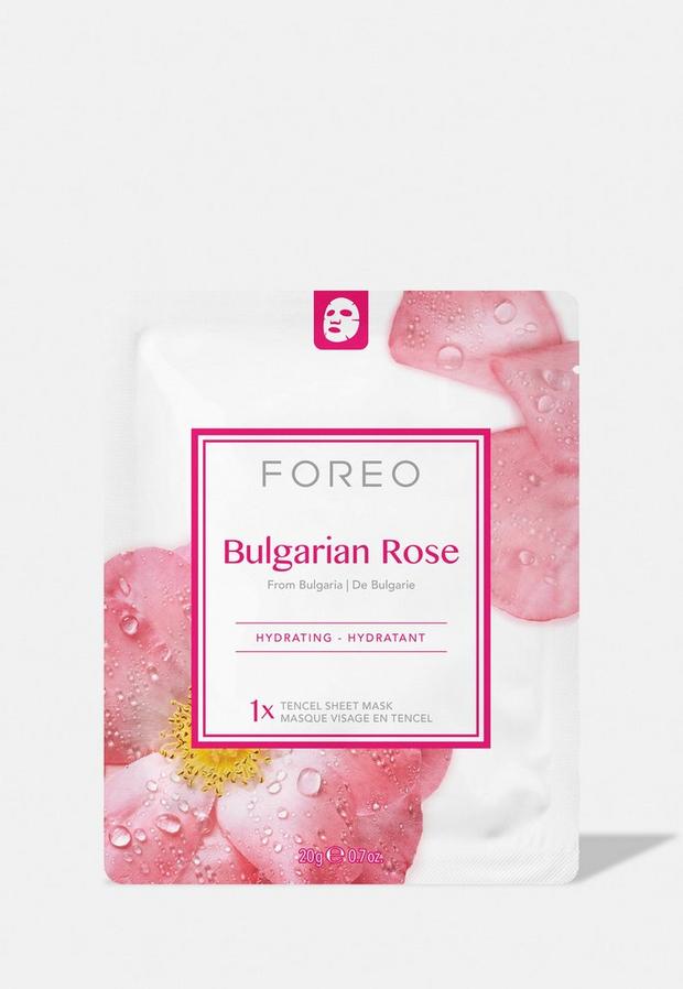 Foreo Bulgarian Rose Hydrating Face Mask package features a pink floral design with a white background, highlighting the product name and key features in elegant fonts.