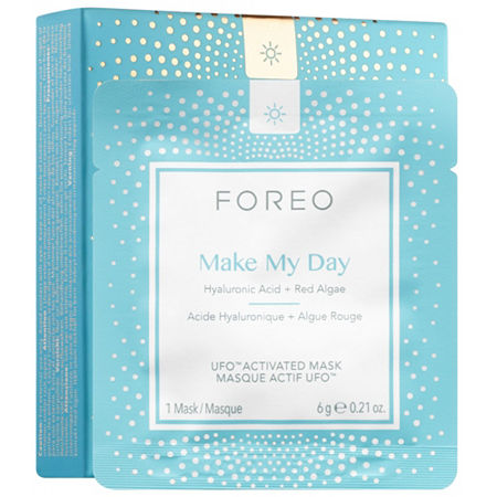 Light blue packaging with white polka dots, featuring the text "Make My Day" and details about hyaluronic acid and red algae, indicating a moisturizing face mask.