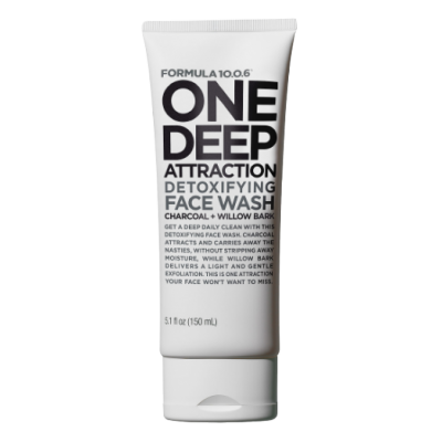 White tube with black text, featuring "Formula 10.0.6 One Deep Attraction Detoxifying Face Wash" and key ingredients like charcoal and willow bark, 150ml size.